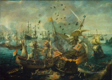 Landscapes Painting - Cornelis van Wieringen attrib Het ontploffen van het Spaanse admiraalschip tijdens de zeeslag bij Gibraltar